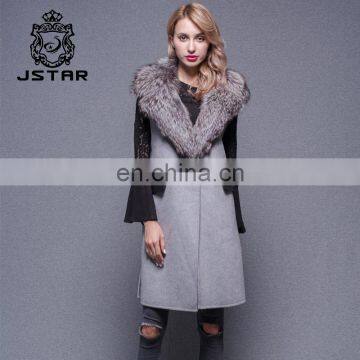 Cashmere Long Vest Women Autumn Sleeveless Fleece Trench Coat with big fur collar