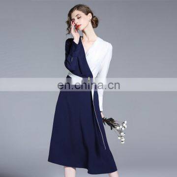 high quality new design 2017 contrast color cross deep V neck waist tight flare knee length lady elegant casual dress for woman