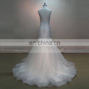 Generous Scoop Neck See Through Sexy Back Fish Style Lace Beads Wedding Dress With Handmade Flower photo-3