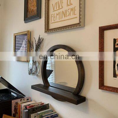 Wall Mounted round Moon mirror with Shelf Wooden Floating Shelves Hanging Storage Display Shelf Wall Decor for Living Room