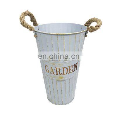 New Design Wholesale Home Decorative Garden Tabletop Plants Antique White Color Metal Painting Flower Pots With Hemp Handle Flower Vase