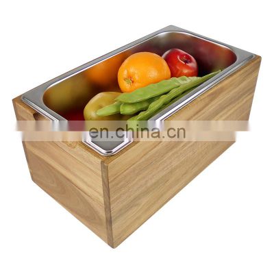 Pine Wood Box Countertop Compost Bin With Lid Stainless Steel Insert