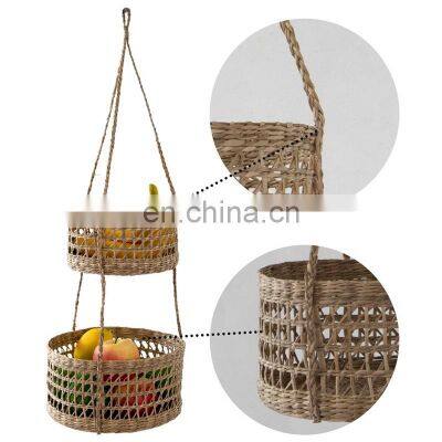 Hot Selling 2 Tier Hanging Baskets for Fruit Vegetable Storage Seagrass Wicker Decorative Wall Hanging Planter Cheap Wholesale