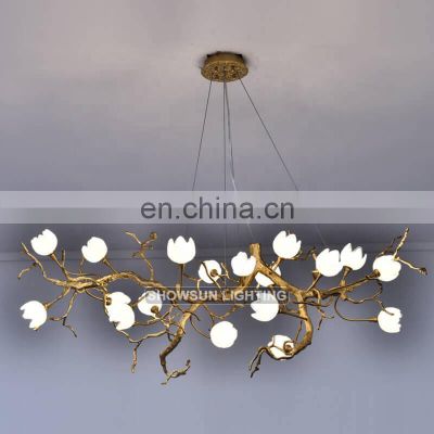 Modern Hotel Large Tree Branch Chandelier Brass Hanging Light Fixture Crystal Long Chandelier