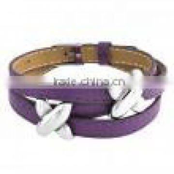 High Quality fashion Jewelry braided purple leather bracelet popular stainless steel bracelet