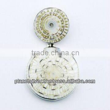 Round Stacked Shells Pendant Hinged 925 Silver Hidden Bail