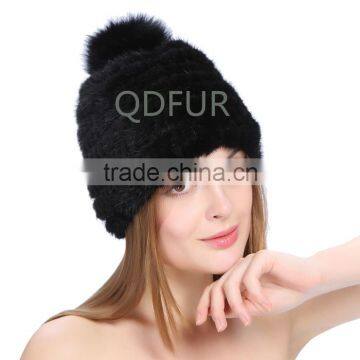 QD82003 Newest Women Winter Cross Grain Knitted Mink Fur Hat With Fox Fur Pom