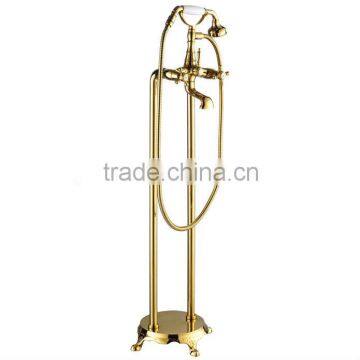 High Quality Dual Handle Brass Floor Stand Faucet With Hand Shower & Hose, Polish and Gold Color