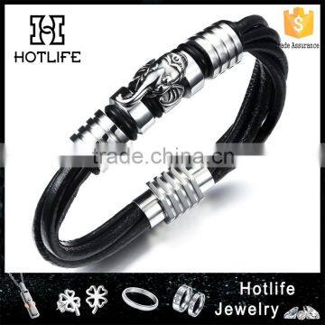 black genuine leather bracelet 2016 new design elephant head bracelet with magnetic buckle