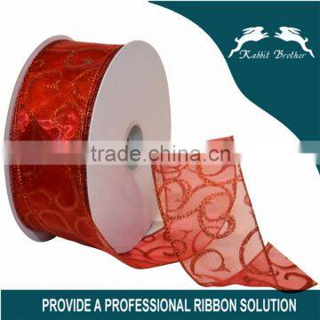 Ribbon Swirl Wired Sheer Glitter Ribbon, 50-Yard Spool, red/Silver