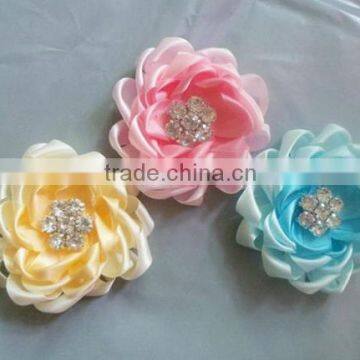 Popular Satin Ribbon Flowers With Rhinestone Center,Handmade Ribbon Hair Flowers photo-3