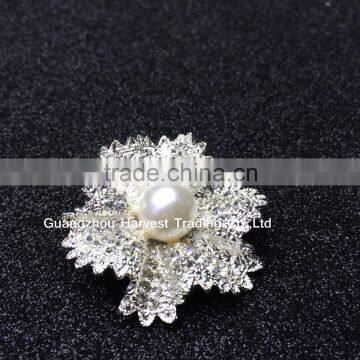 Vintage Silver Metal Rhinestone Pearl Flower Brooches