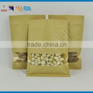 custom printed three side seal Kraft paper with zipper top and clear square window for dry fruits/nuts/rice