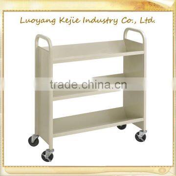 durable steel flat book cart/library trolley bookshelf/book rack shelving/steel rolling library book carts