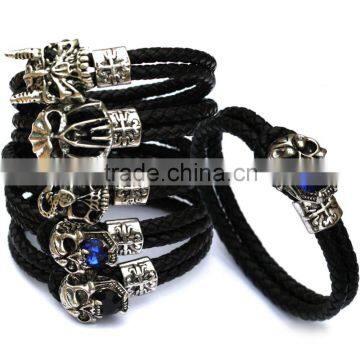 Black Leather Braided Wristband Tibetan Silver Clasp Men Punk Skull Bracelet