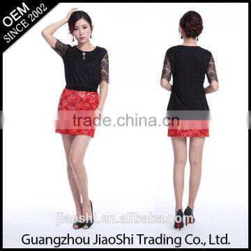 2016 Summer lace short sleeve black Sequined short style red ladies party dress
