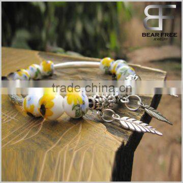 Ethnic style Yellow sunflower printing 10mm ceramic beads silver Adjustable size Friendship bracelet