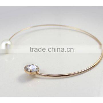 2015 Newest Gold Metal Glass Stone and Pearl Adjustable Open Bangle