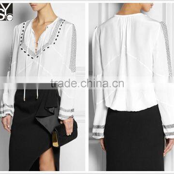 OEM service supplier women white embroidered shirt, long sleeve blouses SYA15166