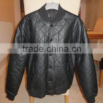 Black faux leather modern bomber jacket for men