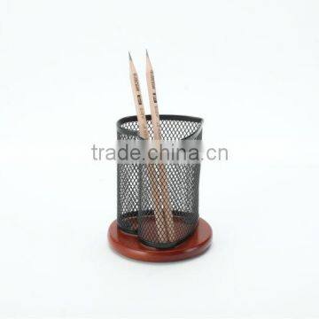 promotional gift metal mesh heart shape pen/pencil holder/cup/pot with wood bottom for office and school B83510