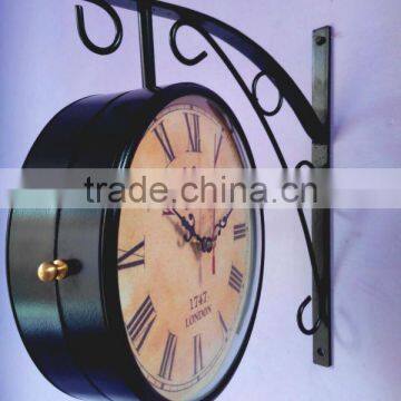 Black color Double side Station Wall Clock with artistic metal bracket, Wall drum clock, Train Station hanging Wall Clock