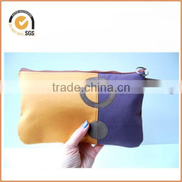 Purple Brushed Twill Colorblock Mustard Yellow Leather Circles Zipper Pouch Clutch By Chiqun Dongguan CQ-H02009