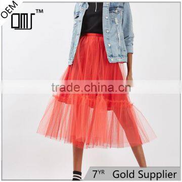 2017 OEM Spring Red Flowy Giant Tutu Tulle Below The Knee Skirts