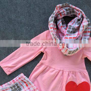 2016 Valentine's Day 3 Pieces Scarf Pink Top Kids OUTFITS Heart Suit Pant Set Hot Sell Boutique Clothes Kids Sets photo-2