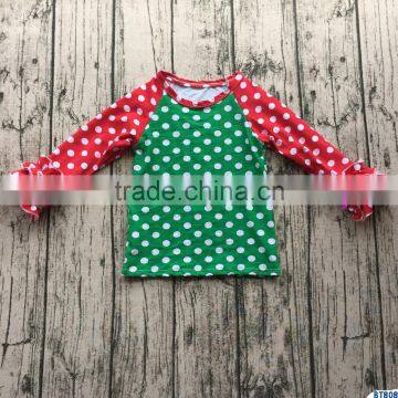 kids christmas boutique clothing green body with red ruffle raglan polka dot baby girls t shirt wholesale cotton clothes