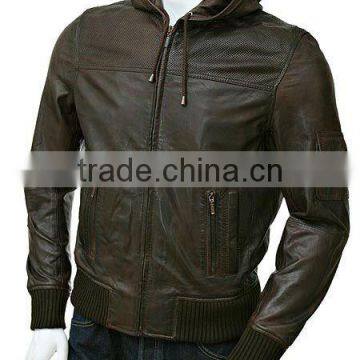 Men's Brown Half Perforated Leather Hoodie