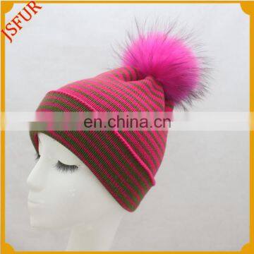 Ladies winter knit fur hat with demountable raccoon fur pompon hat