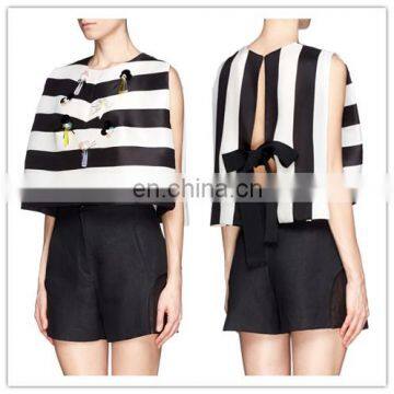 High Quality Voluminous Silhouette Open Back Ribbon Tie Sleeveless Stripe Girls Top (16110805)