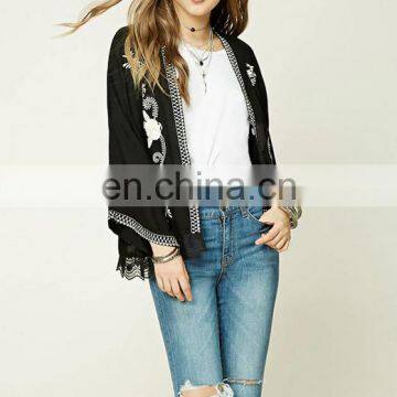 J0784 hot selling flower embroidery lace kimono 3/4 sleeve cardigan lady tops and blouses