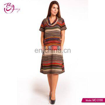 Polyester Short Sleeve Plus Size Women Stripe Embellished Dress