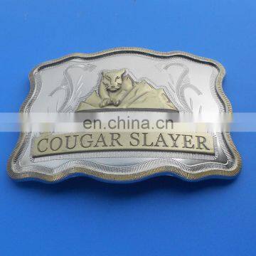 Golden and silver two-tone plating 3D embossed cougar logo belt buckle hook