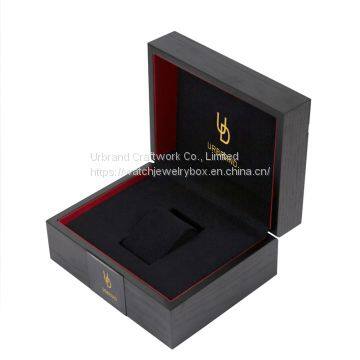 Matte black painted popular natural wood watch display box solid wood watch gift box with metal logo plate