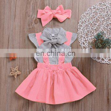 Spot Pattern Top With Plain Color Gallus Dress and Headband 3pcs Girls Suit Wholesale Price photo-6