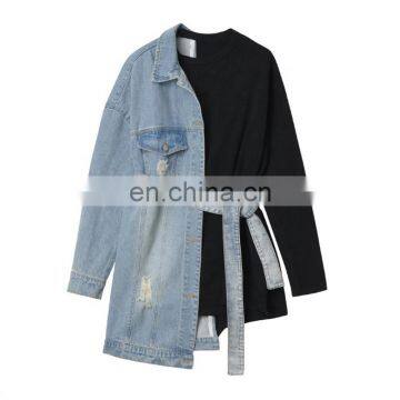 TWOTWINSTYLE Korean Patchwork  Hit Color Jacket For Women Lapel Collar Long Sleeve Oversize Loose Casual Coats