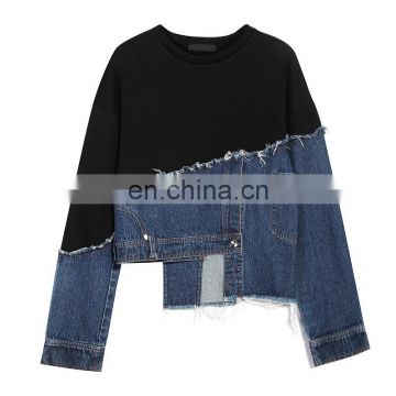 TWOTWINSTYLE Denim Sweatshirt For Female O Neck Long Sleeve Loose Hit Color Patchwork Asymmetrical