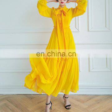 TWOTWINSTYLE Dress for Women Bow Elegant O Neck Long Sleeve High Waist Female Yellow Fashion photo-2