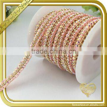 Pink rhinestone chains trimming hot fix glue crystal diamond wedding belts embellished for women FHRS-035