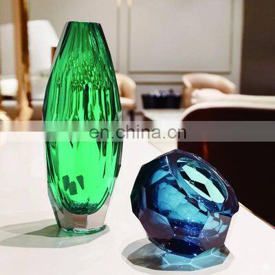 Modern Simple Glass Transparent Green Blue Luxury Crystal Flower Vase photo-2