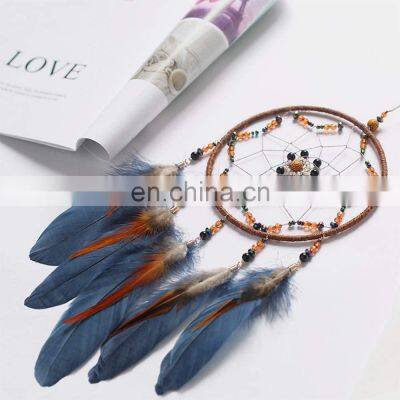 Factory Price Diy Round Frame Macrame Hanging Decor Feather Bead Blue Dream Catcher