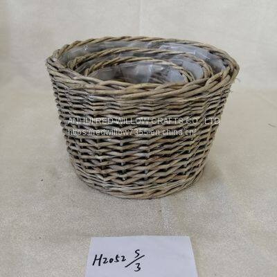 Custom sizes Grey Painted Oval Shape Willow Basket With Ears And Plastic Liners