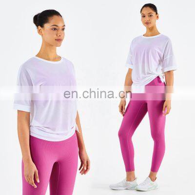 Side Waist Slit Design Mesh Sports Gym T Shirt Fashion Girl Yoga Short Sleeve Eco Fabric photo-2