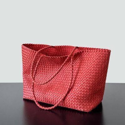 Retro Handwoven Basket Bag Beach op Handbag Soft Handle Artistic Sle Casual ex Basket Ape Mid Size Stripe Pattern photo-3