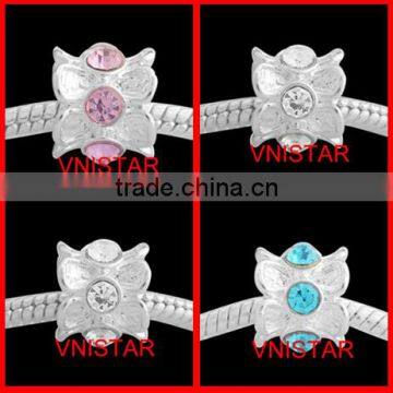 Vnistar Silver plated large hole european beads with clear&pink&cyan crystals for bracelet PBD1225