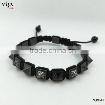 Black 8mm Beads Pyramid shape beads Bracelets Stainless Steel Clasp Handmade Engraving LOGO Support White CZ Stones