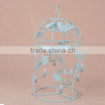 164JK160951A-birdcage shape American style handmade metal candle holder with two holders and beautiful wood bead decoration